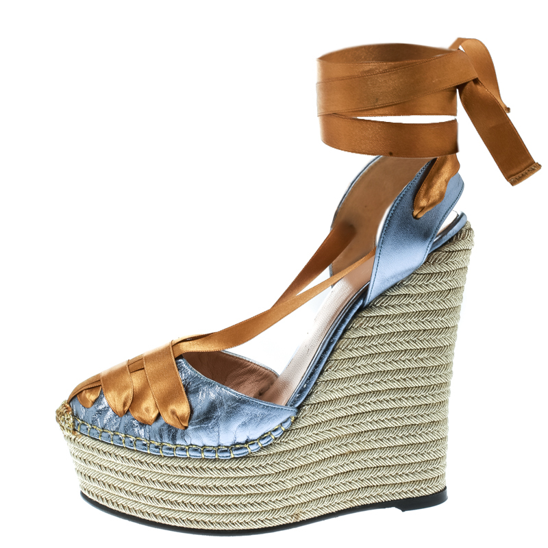 

Gucci Metallic Blue/Dark Yellow Leather and Satin Alexis Wrap Platform Wedge Sandals Size