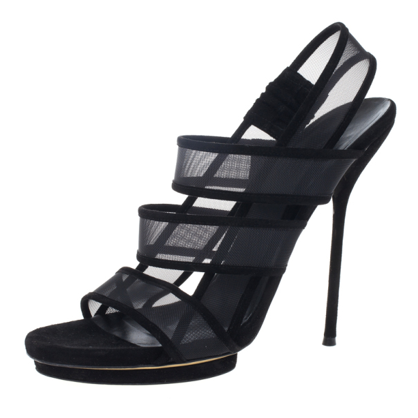 Gucci Black Bette Suede And Mesh Slingback Platform Sandals Size 40