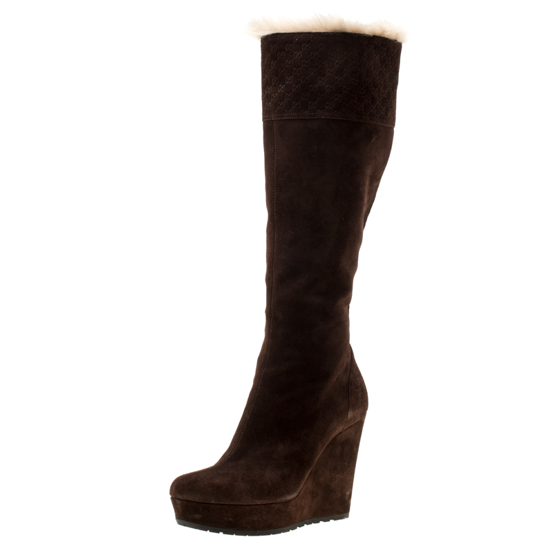Pre Owned Gucci Brown Suede Courteney Platform Wedge Boots Size 36.5