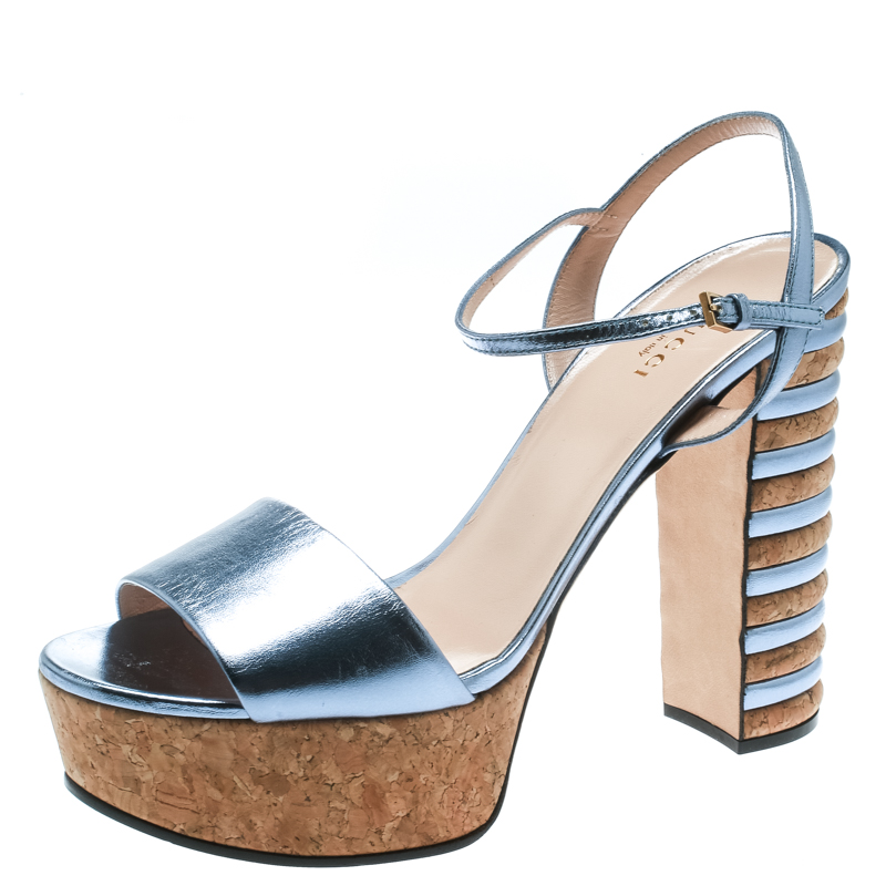 Pre Owned Gucci Metallic Blue Leather Claudie Platform Sandals Size 39