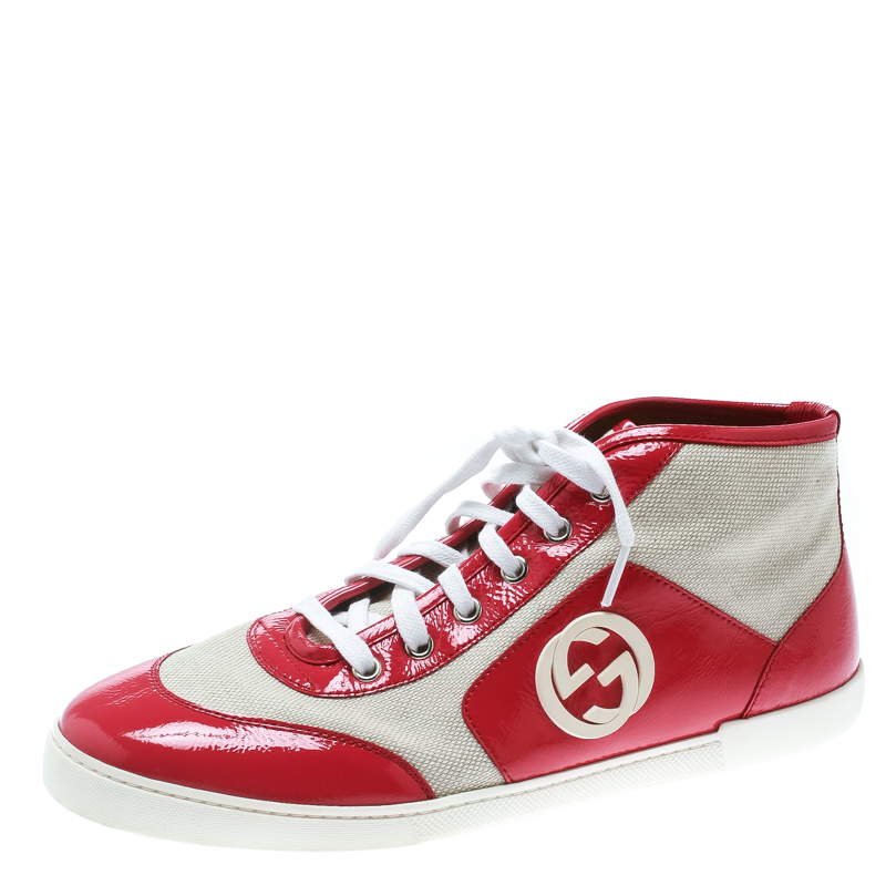Pre Owned Gucci Pink Patent Leather With Beige Canvas GG High Top Sneakers Size 40