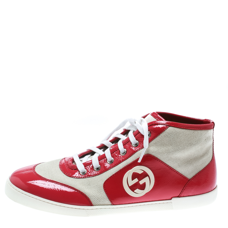 

Gucci Pink Patent Leather With Beige Canvas GG High Top Sneakers Size