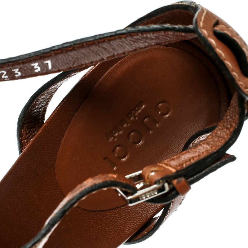  Gucci  Brown Leather Icon Bit Ankle Strap Platform Sandals  