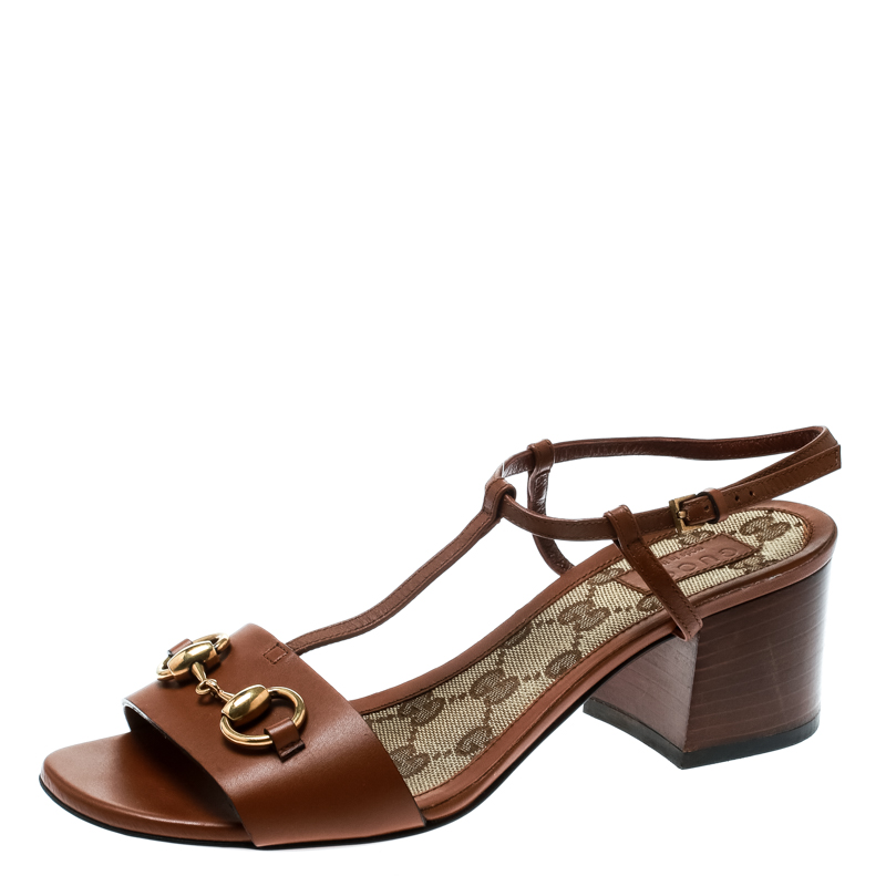 Pre Owned صندل غوتشي سيور T تفاصيل هورسبيت جلد بني مقاس 36