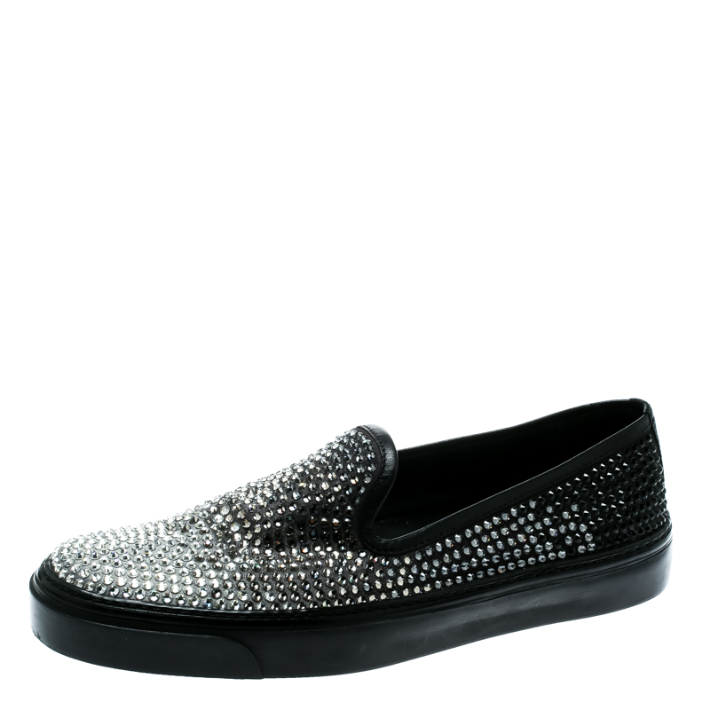 Gucci Black Satin/ Silver Crystal Strass Slip-on Sneakers Size 37.5