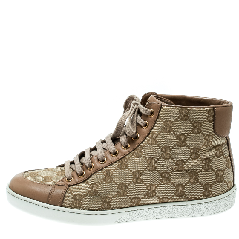 Gucci Beige GG Canvas With Leather Trim High Top Sneakers Size 38 Gucci ...