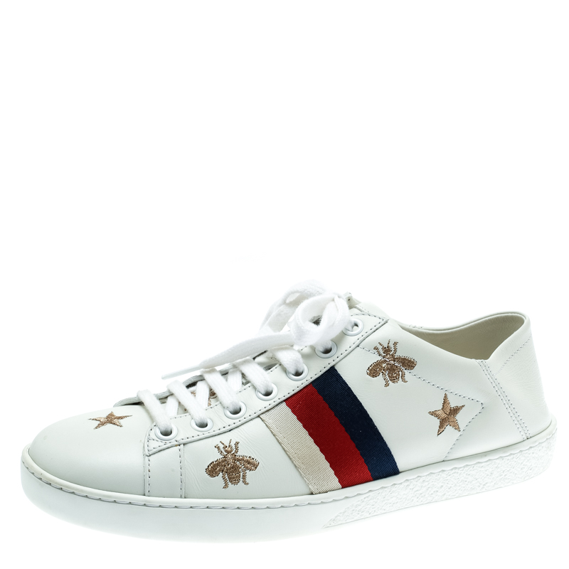 Gucci White Leather Ace Bees and Stars Embroidered Lace Up Sneakers ...