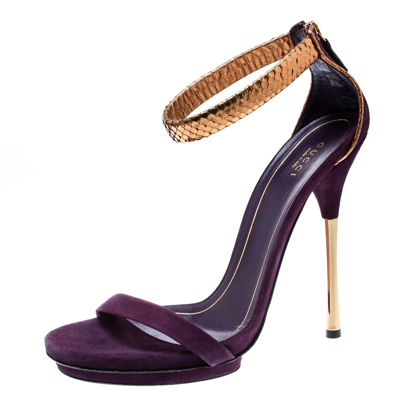 

Gucci Purple Suede And Metallic Python Kelis Ankle Strap Sandals Size