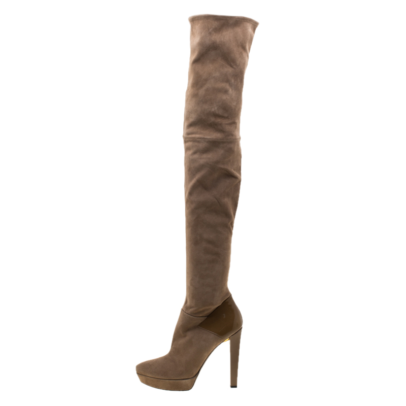 

Gucci Beige Suede And Patent Leather Karen Over the Knee Platform Boots Size