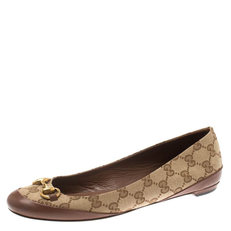 Pre Owned حذاء فلات باليه غوتشي هورسبيت حواف جلد بنية وكانفاس GG بيج مقاس 38
