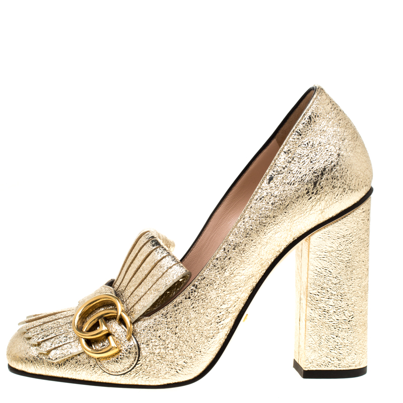 Gucci Metallic Gold Foil Leather GG Marmont Fringe Detail Block Heel ...