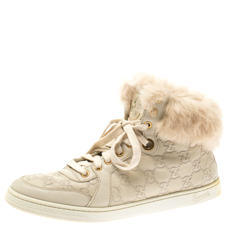 Gucci Beige Guccissima Leather Cada Fur Trim High Top Sneakers Size 39