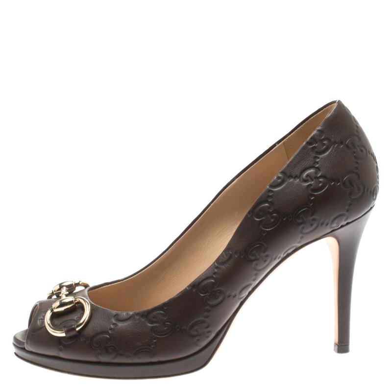 

Gucci Brown Guccissima Leather New Hollywood Horsebit Peep Toe Pumps Size