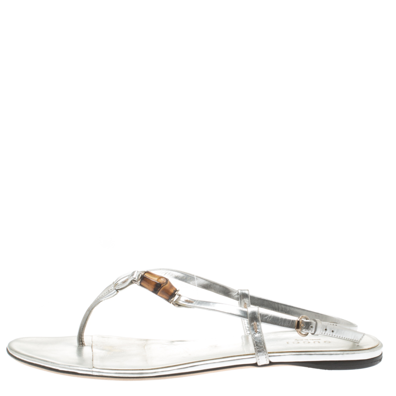 

Gucci Mettalic Silver Leather Bamboo Icon Thong Flat Sandals Size