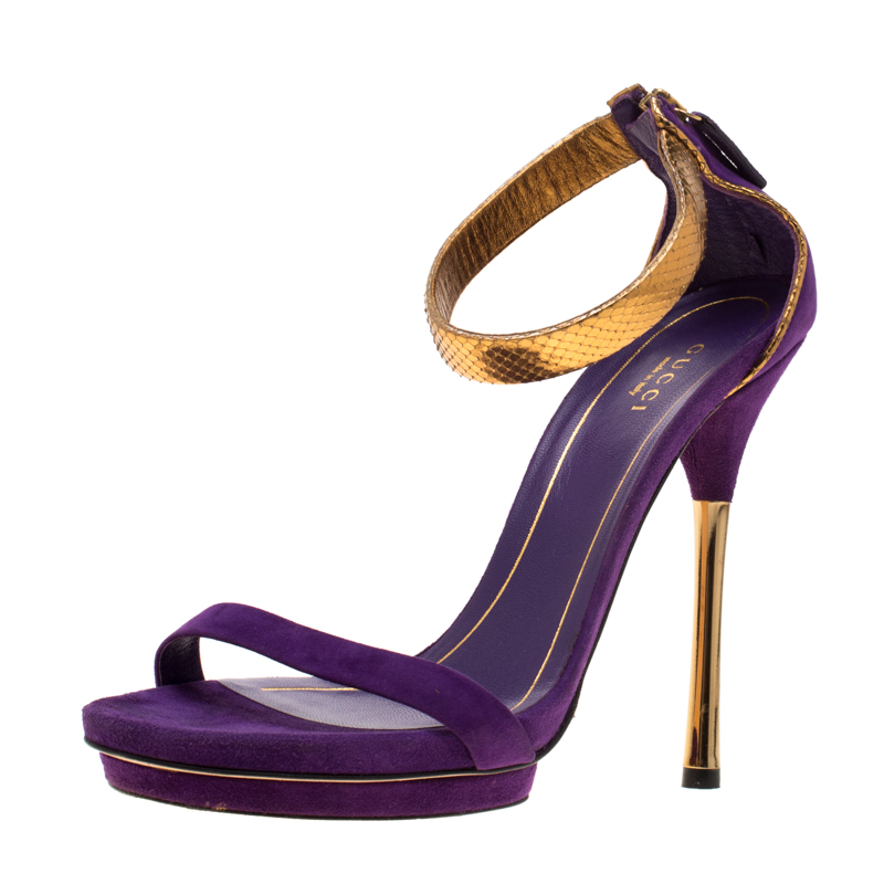 Pre Owned Gucci Purple Suede And Metallic Python Kelis Ankle Strap Sandals Size 38