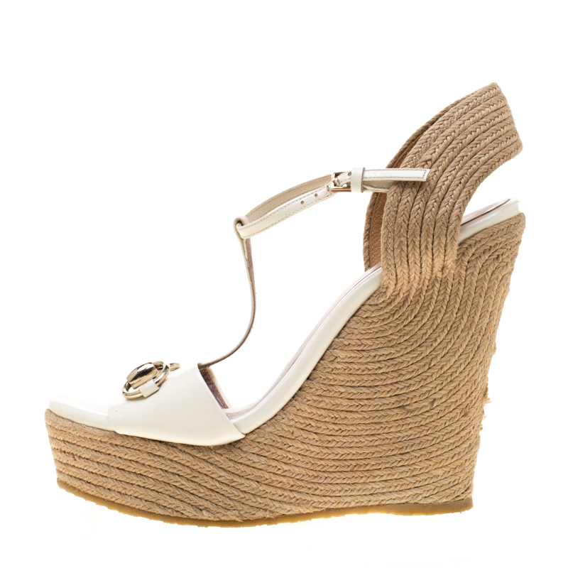

Gucci White Leather Horsebit T-Strap Espadrille Wedge Sandals Size