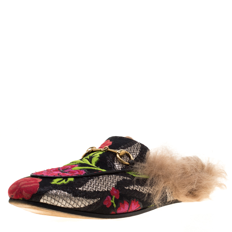 مملوكة مسبقًا Gucci Multicolor Floral Brocade And Fur Lined Princetown Flat Mule Loafers Size 38