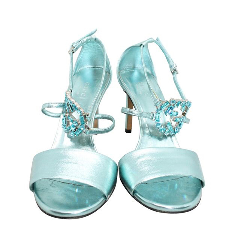 

Gucci Blue Satin Shimmery Tiffany Crystal Sandals Size