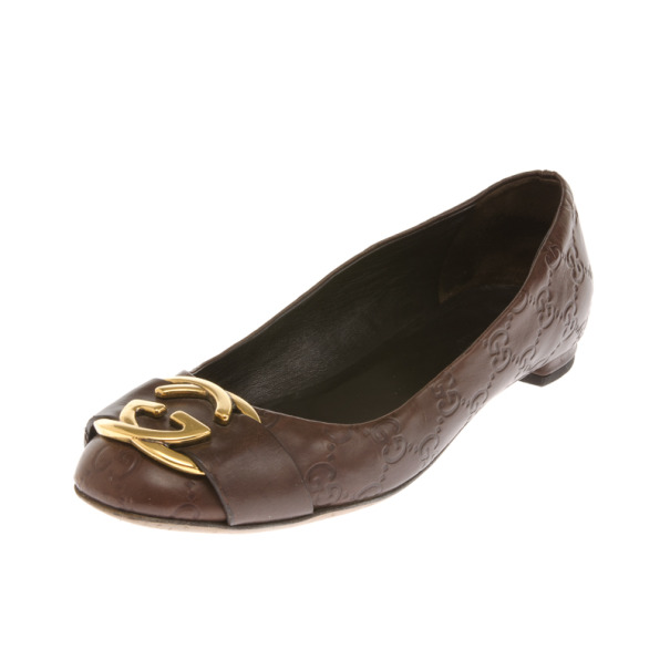 Pre Owned Gucci Brown Leather Guccissima Interlocking G Buckle Ballet Flats Size 37.5