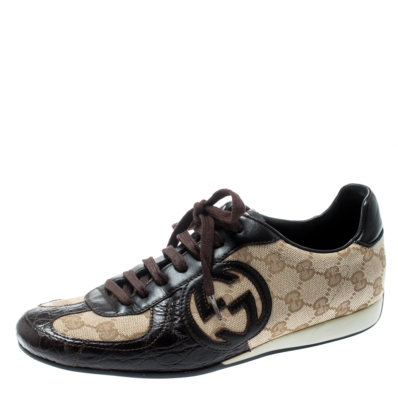 Gucci Brown Leather And Beige Guccissima Canvas Royal Sport Interlocking GG Sneakers Size 37.5