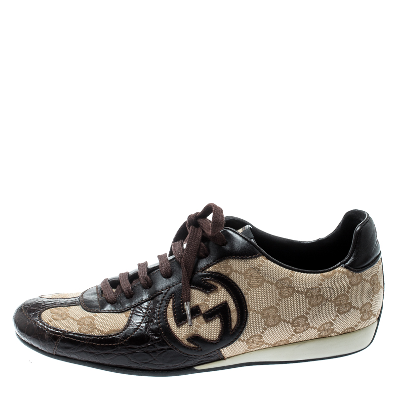 

Gucci Brown Leather And Beige Guccissima Canvas Royal Sport Interlocking GG Sneakers Size