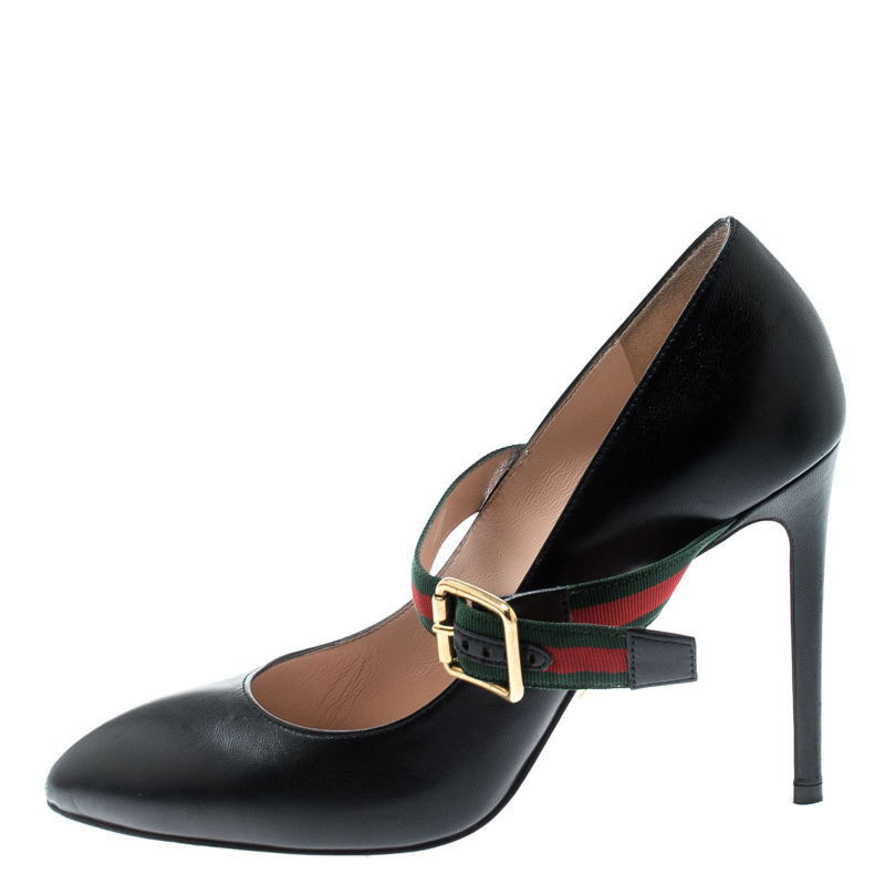 

Gucci Black Leather And Web Trim Sylvie Buckle Detail Pumps Size