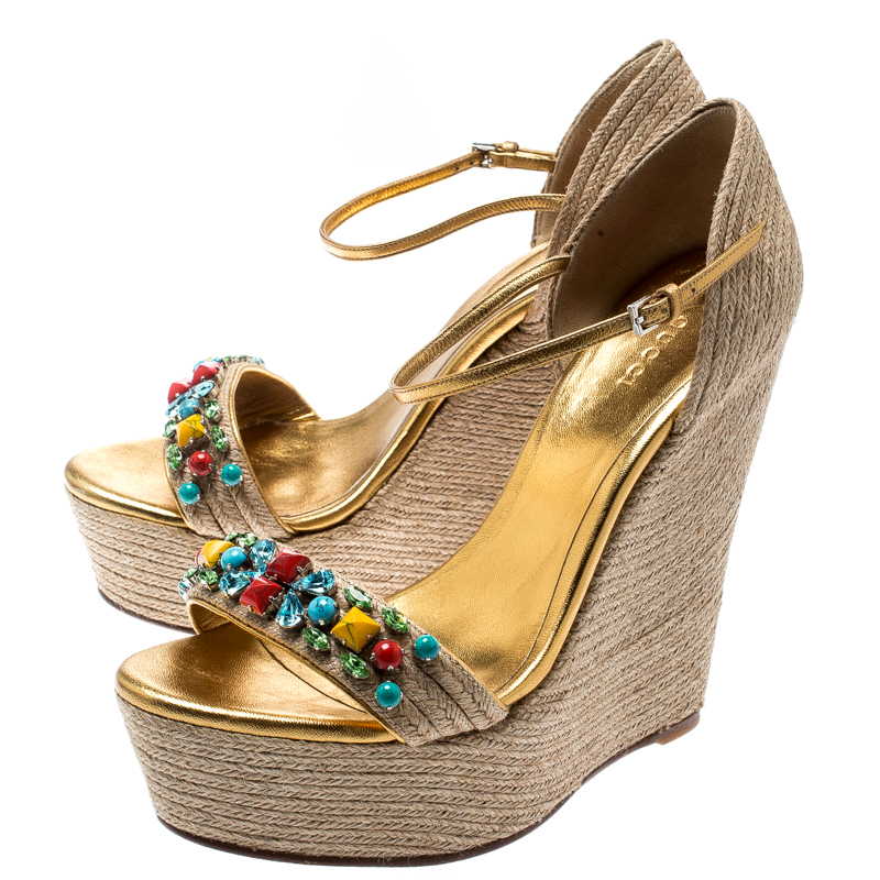 Gucci Carolina Embellished Espadrille Wedge Sandals in Metallic