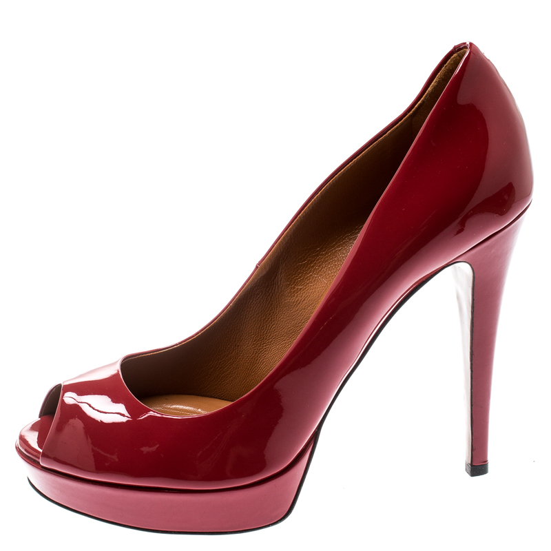 

Gucci Raspberry Red Patent Leather Betty Peep Toe Platform Pumps Size