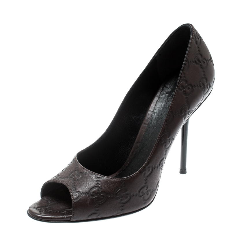 Pre Owned Gucci Brown Guccissima Leather Peep Toe Pumps Size 37.5