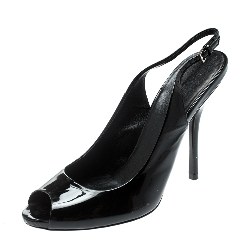 Pre Owned Gucci Black Patent Leather Peep Toe Slingback Sandals Size 36.5
