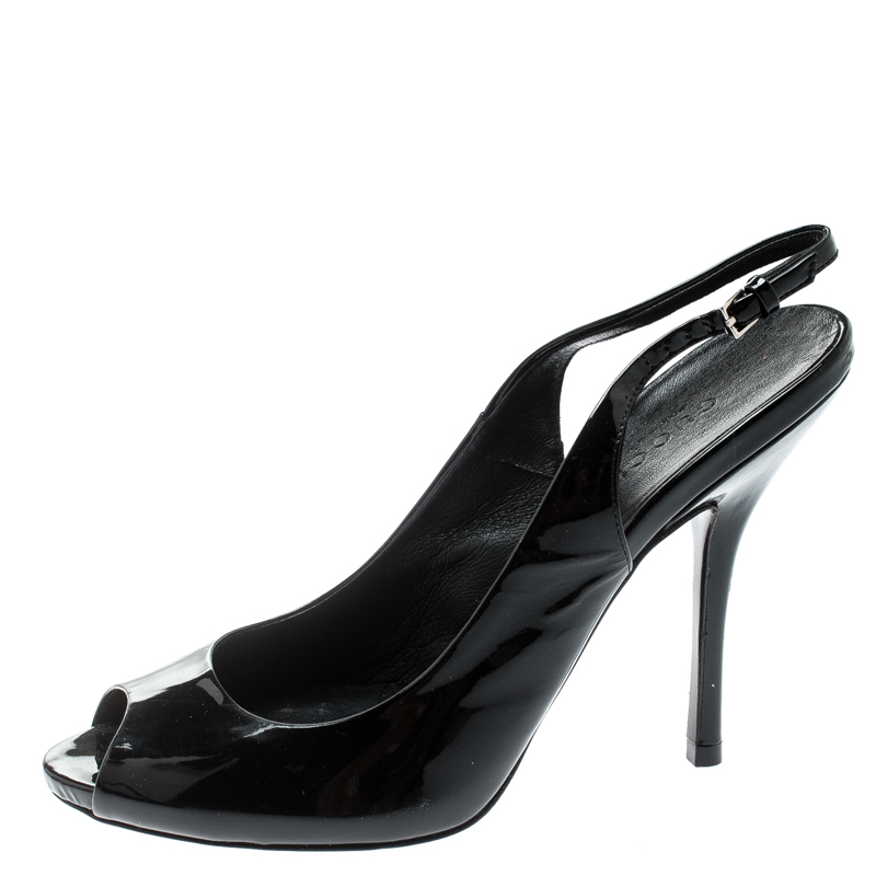 

Gucci Black Patent Leather Peep Toe Slingback Sandals Size