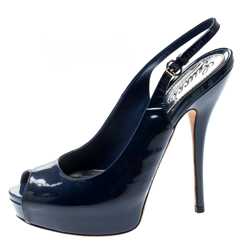 

Gucci Black Patent Leather Sofia Platform Peep Toe Slingback Sandals Size, Blue