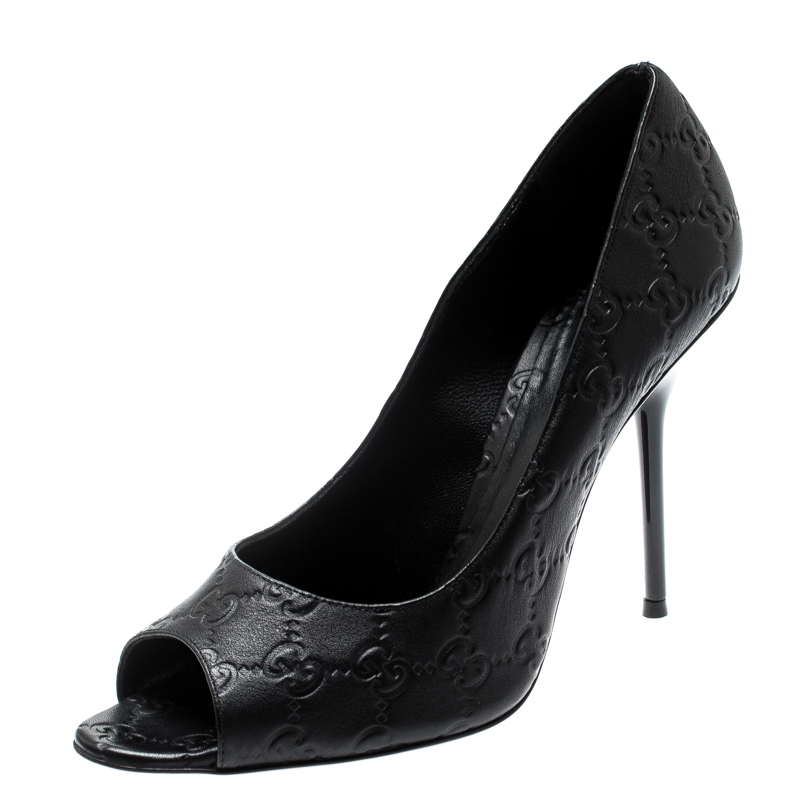 Pre Owned Gucci Black Guccissima Leather Peep Toe Pumps Size 40