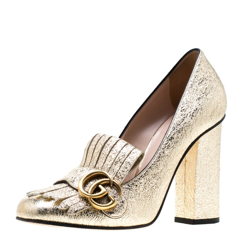 Gucci Metallic Gold Foil Leather GG Marmont Fringe Detail Block Heel ...