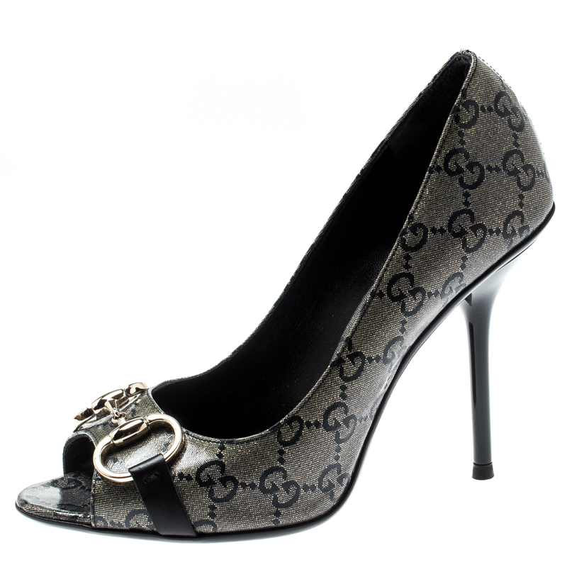 Pre Owned حذاء كعب عالي غوتشي كانفاس بيج/أزرق كريستال مقوى هورسبيت مقدم