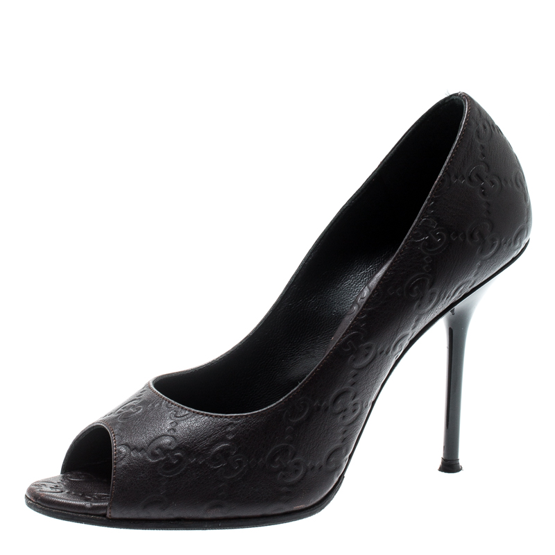 Pre Owned Gucci Brown Guccissima Leather Peep Toe Pumps Size 37.5