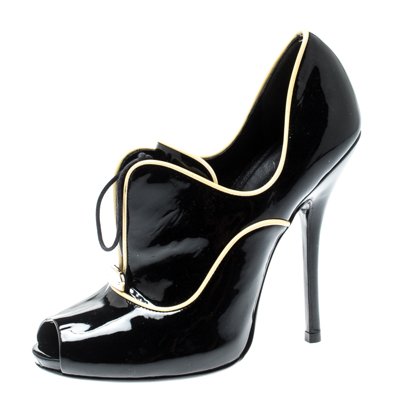 Pre Owned Gucci Black Patent Leather Newton Peep Toe Booties Size 36