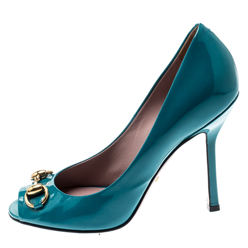 

Gucci Turquoise Patent Leather Jolene Horsebit Peep Toe Pumps Size, Blue