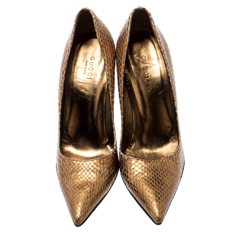 Gucci Metallic Gold Snakeskin Bamboo Heel Pumps Size 36.5
