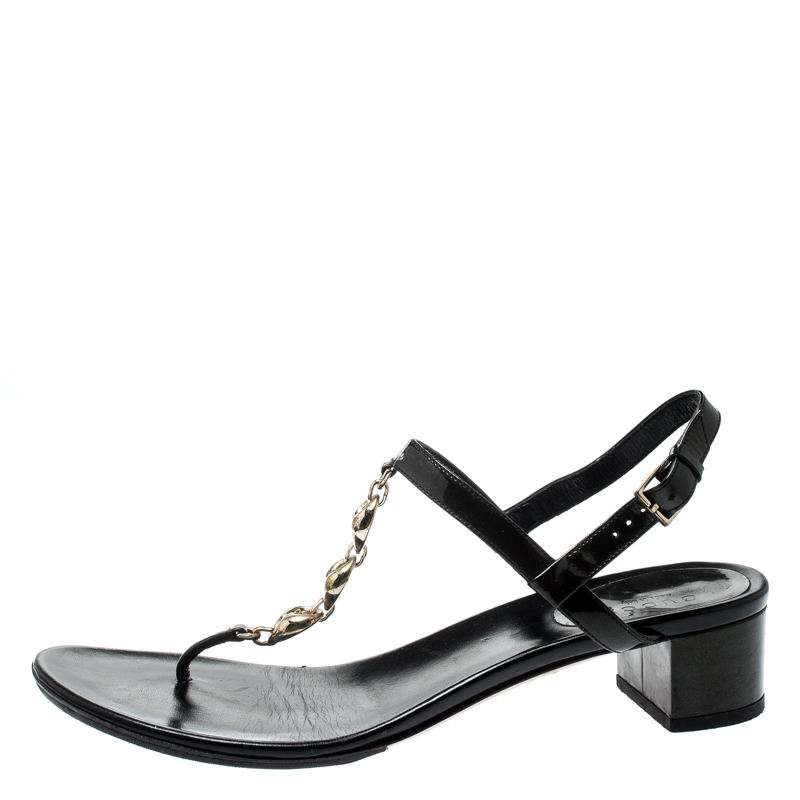 

Gucci Metallic Olive Green Patent Leather Chain Strap Thong Sandals Size