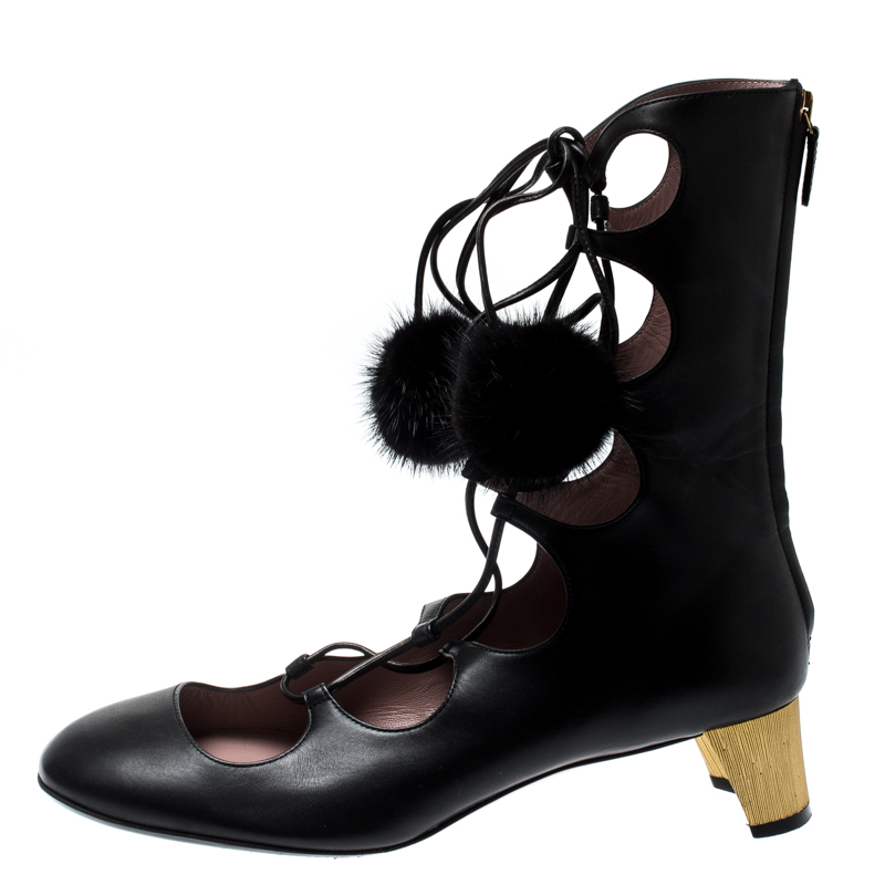 

Gucci Black Leather And Mink Fur Lace Up Ankle Boots Size