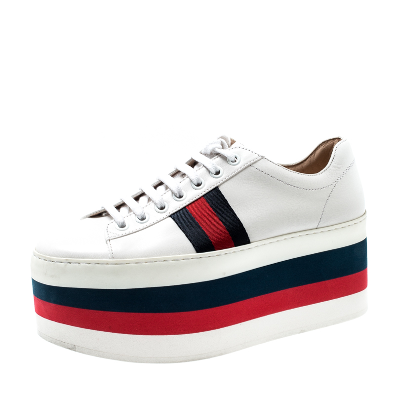 Gucci White Leather Peggy Web Detail Platform Sneakers Size 37 Gucci ...