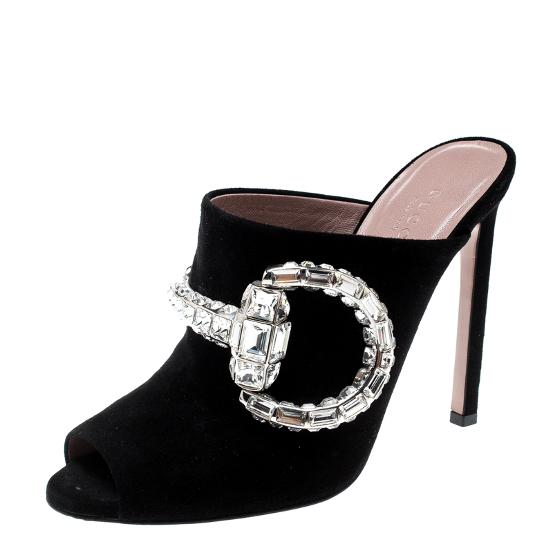 Pre Owned Gucci Black Suede Maxime Crystal Icon Bit Peep Toe Mules Size 38
