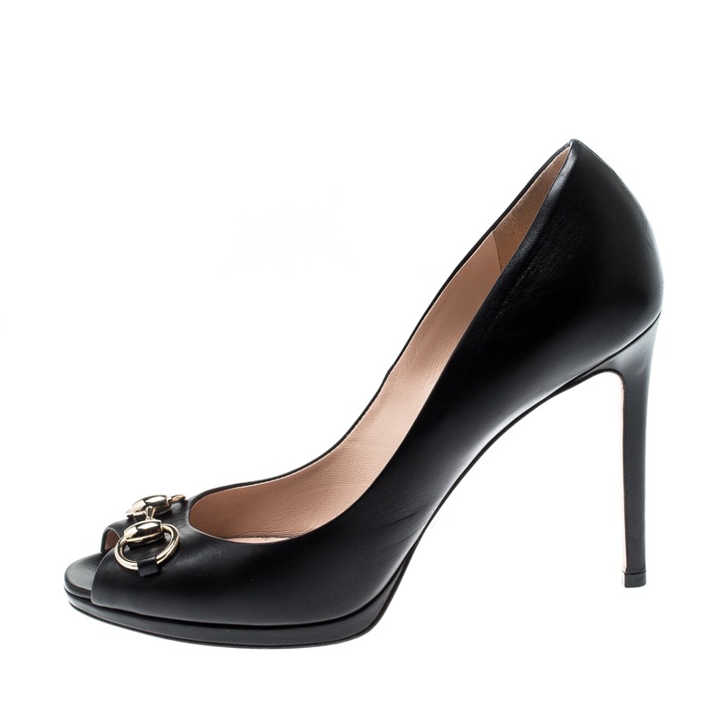 

Gucci Black Leather New Hollywood Horsebit Peep Toe Pumps Size