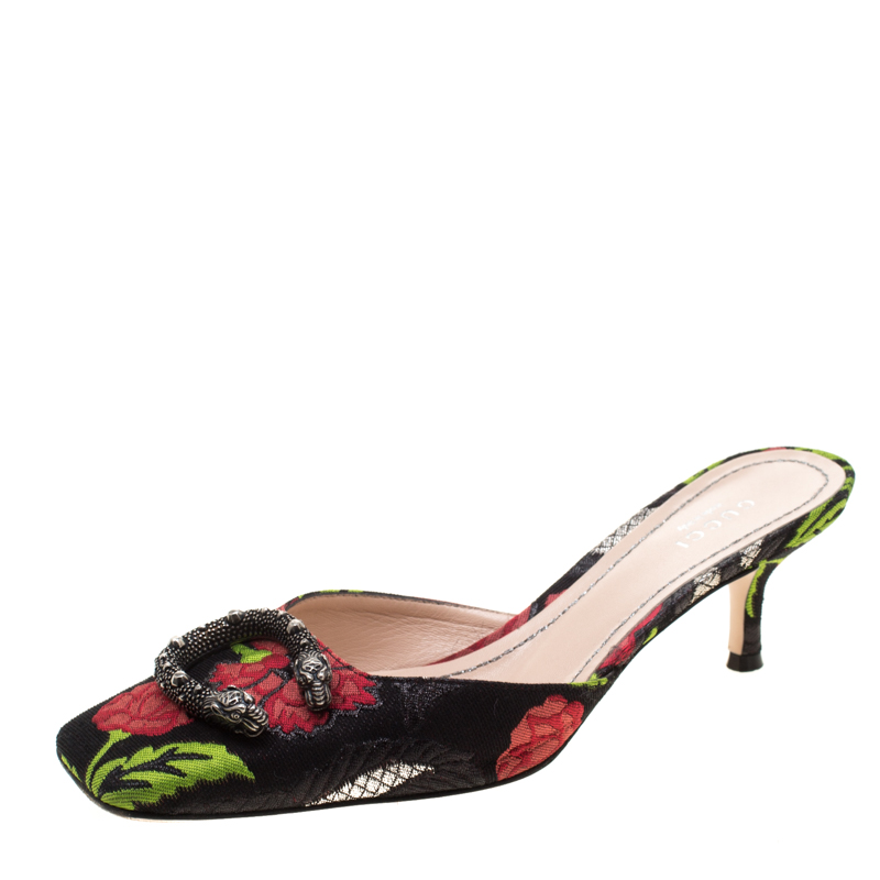 مملوكة مسبقًا Gucci Black Floral Brocade Fabric Dionysus Square Toe Slip On Mules Size 37.5
