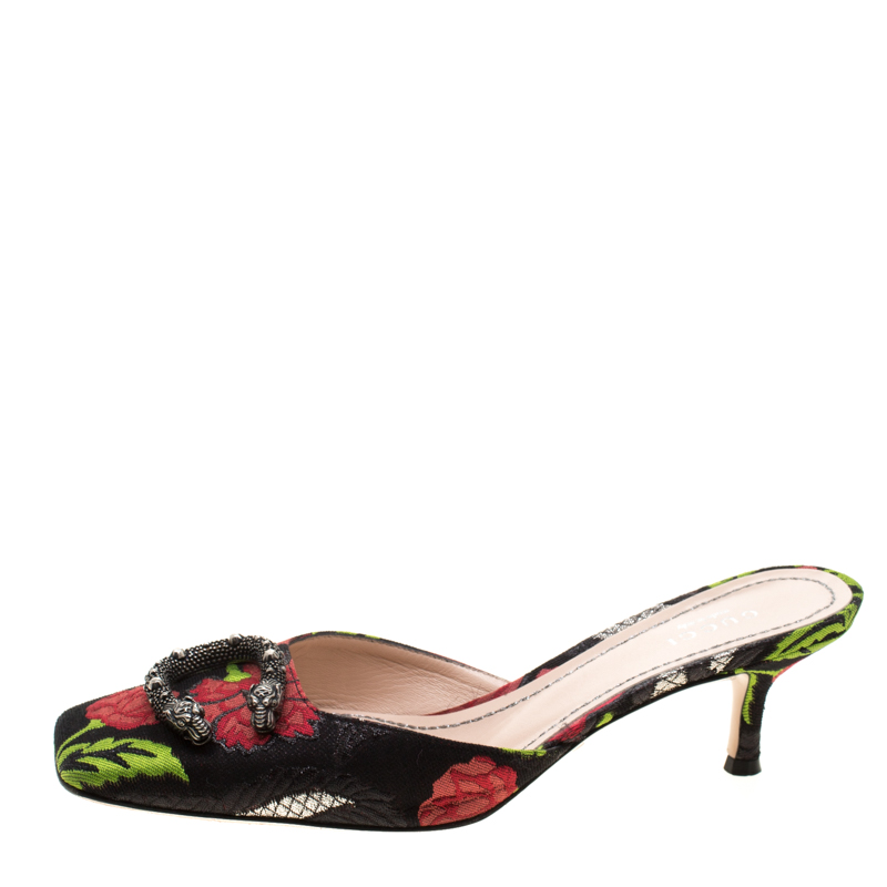 

Gucci Black Floral Brocade Fabric Dionysus Square Toe Slip On Mules Size