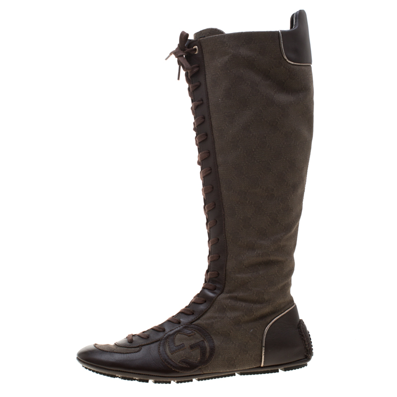 

Gucci Brown Leather And GG Canvas Knee High Lace Up Boots Size