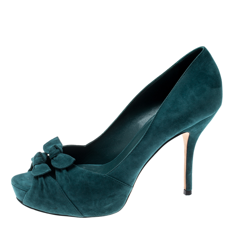 

Gucci Deep Green Suede Double Bow Peep Toe Platform Pumps Size