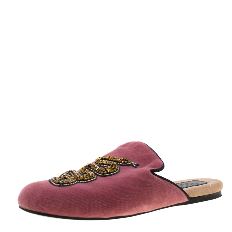 Gucci Pink/Yellow Snake Embellished Velvet Mules Size 35.5