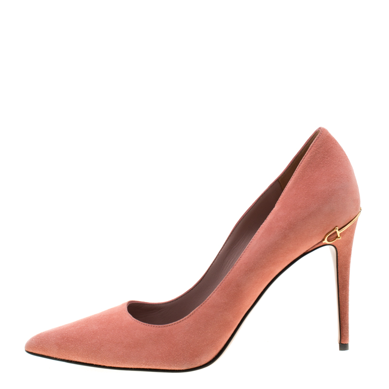 

Gucci Pink Suede Adina Horsebit Detail Pointed Toe Pumps Size